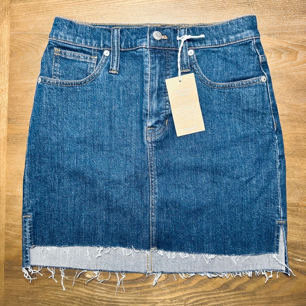 Madewell High Rise Denim Skirt Raw Hem BNWT Blue Size 26 - Picture 1 of 8
